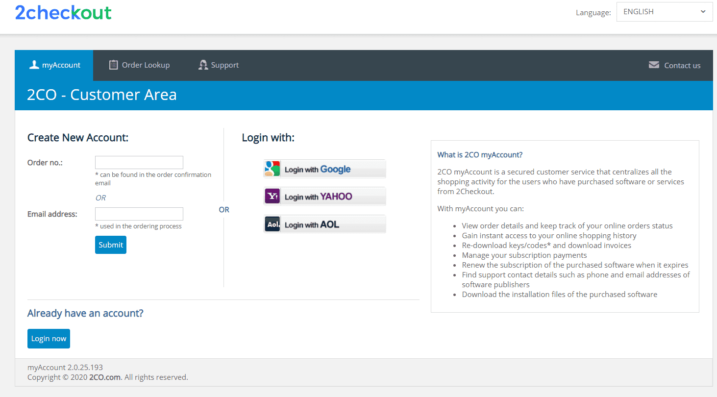 Screenshot of loging to 2CheckOut