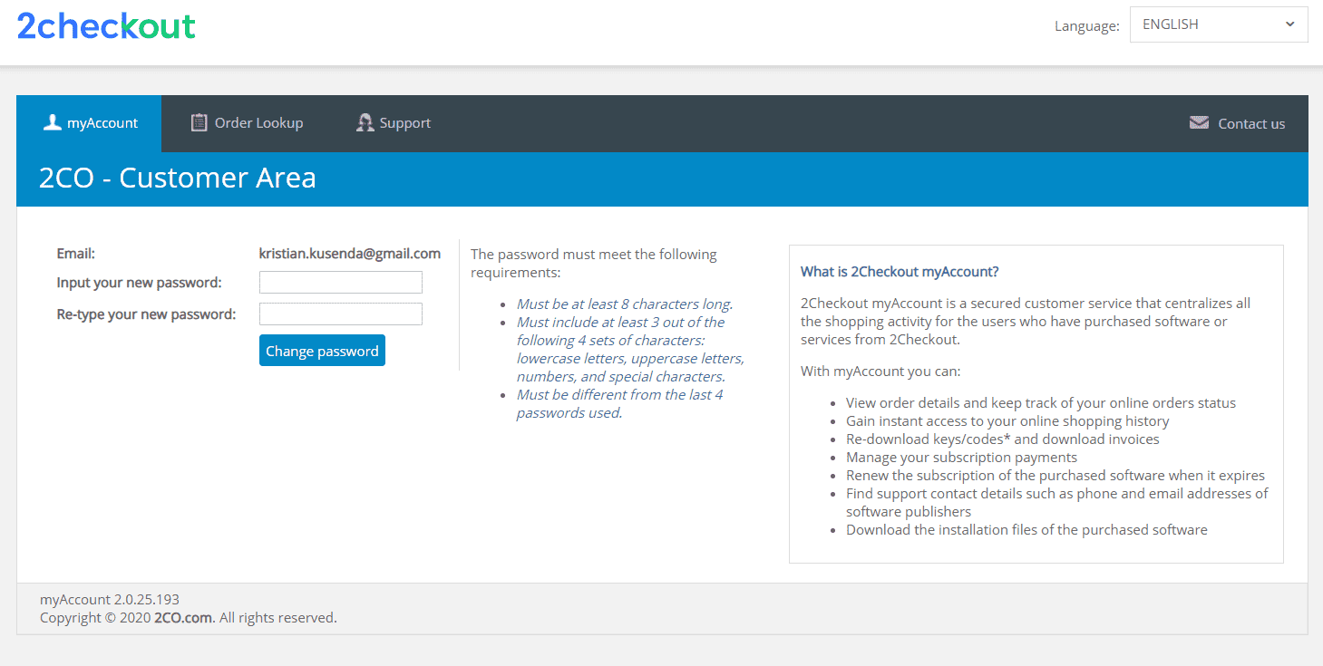 Screenshot of setting up a password in 2CheckOut