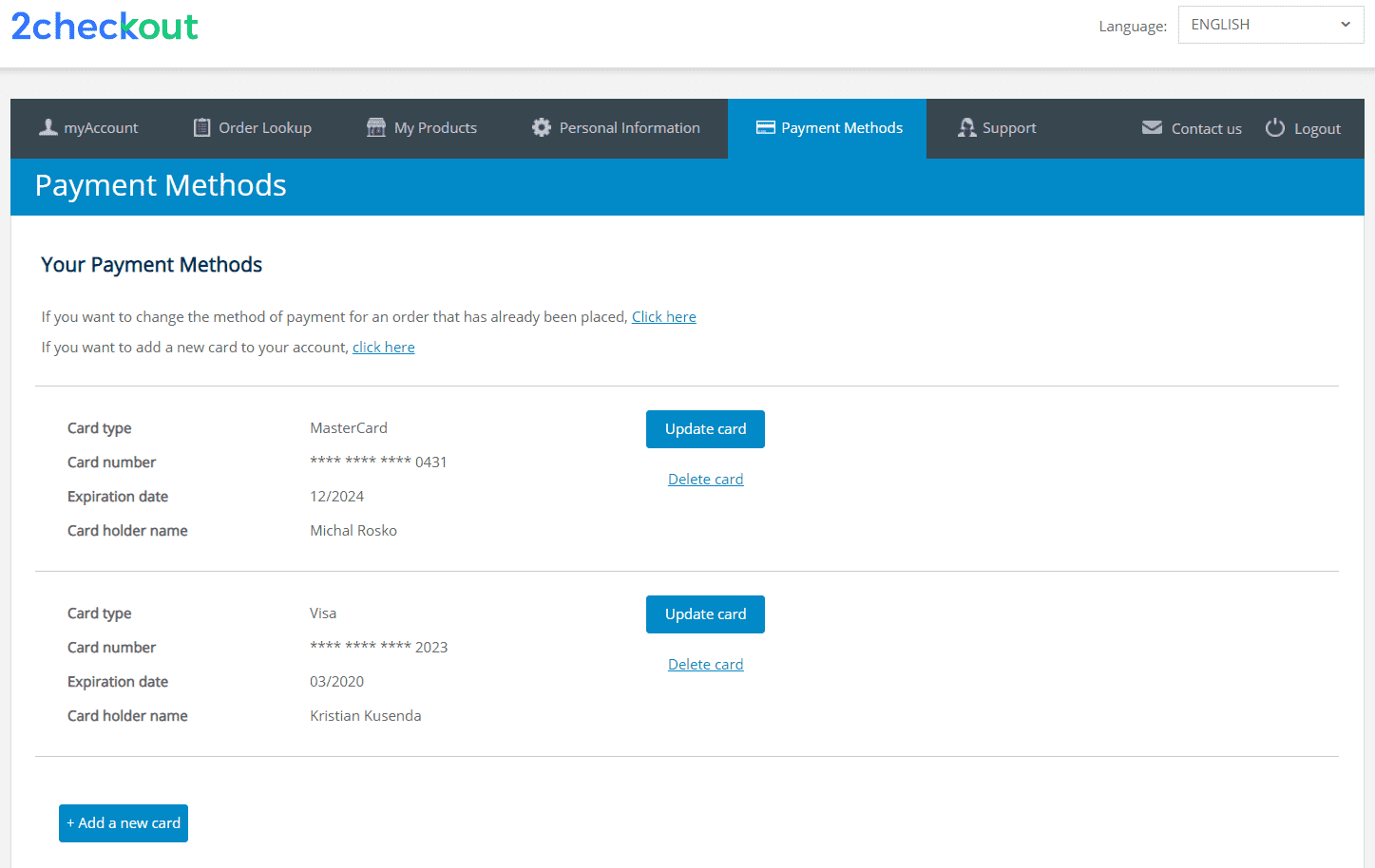 Screenshot of changing credit cards details