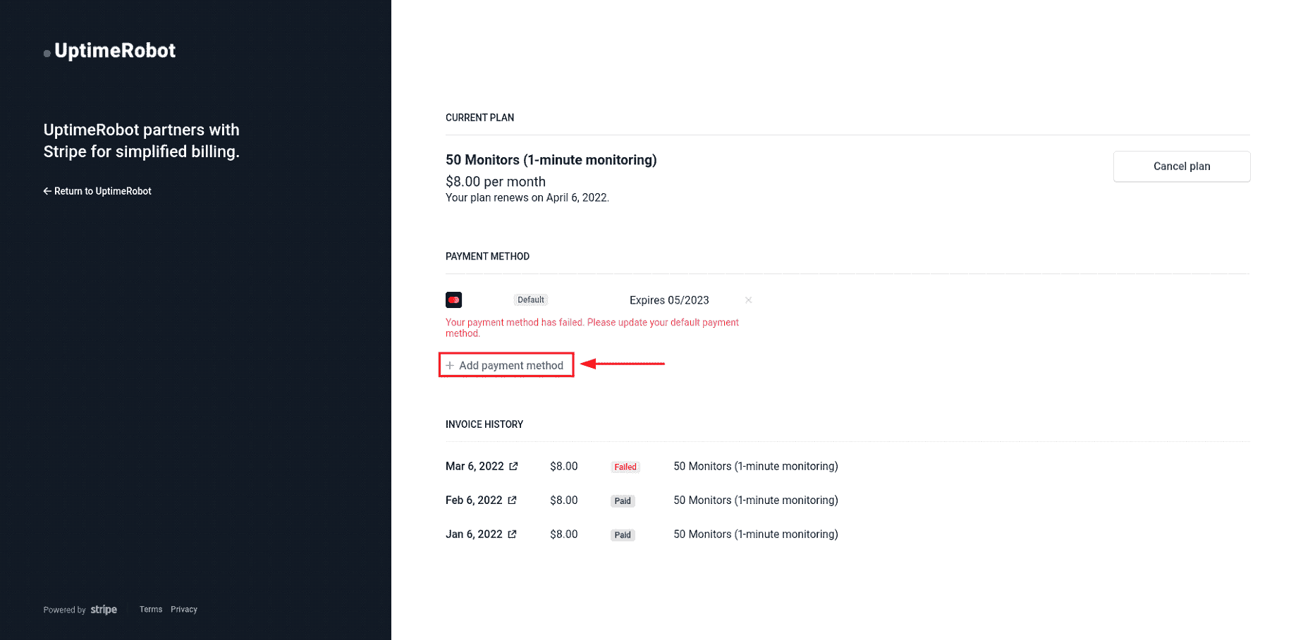 Screenshot of Stripe Add payment method